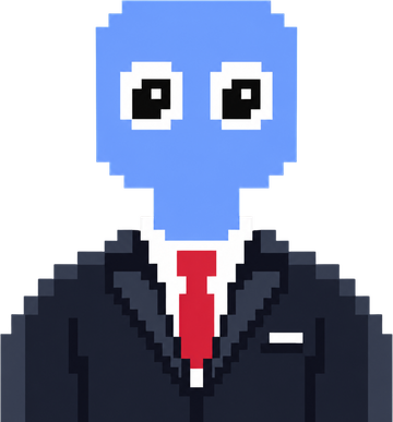 Moops mascot: a pixel figure with a blue head, dark suit and red tie